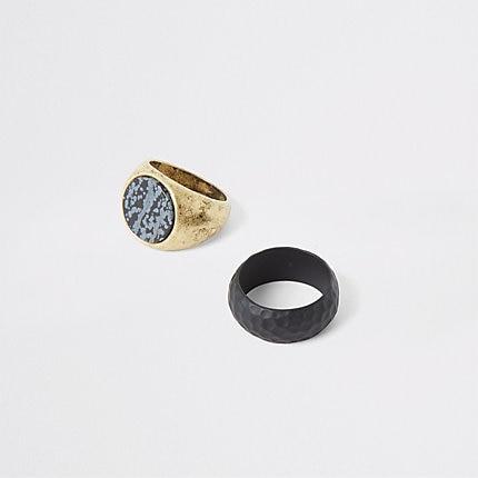 River Island Mens Gold Tone Marble Ring 2 Pack