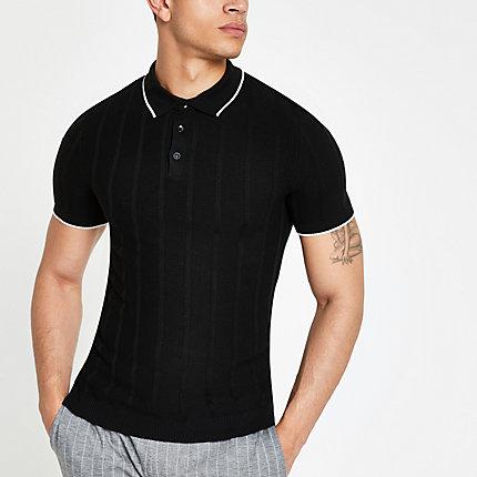 River Island Mens Knitted Stitch Muscle Fit Polo Shirt