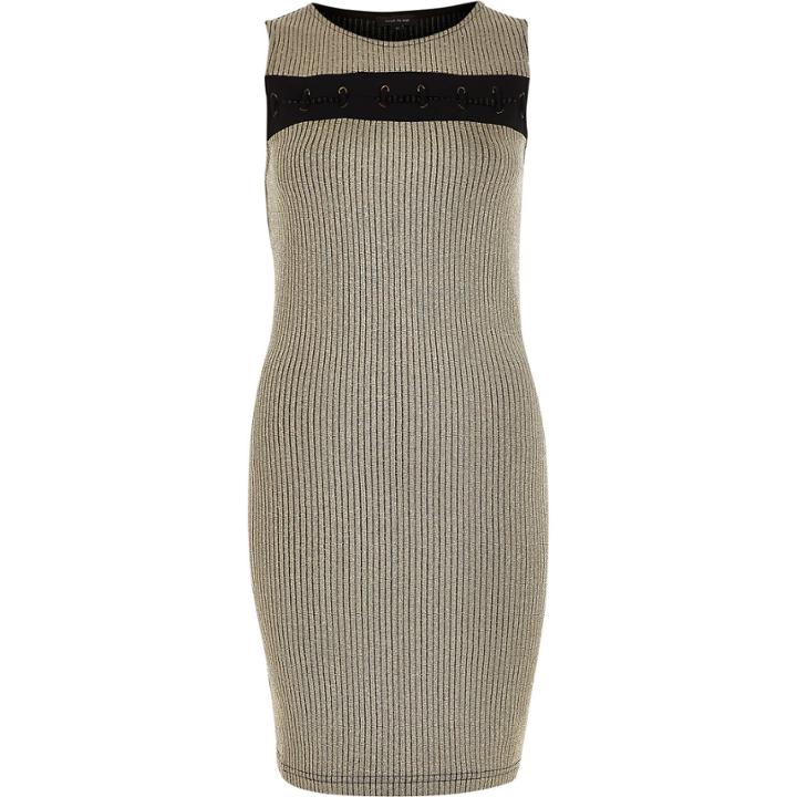 River Island Womens Gold Lace Up Front Ribbed Bodycon Dress