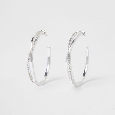 River Island Womens Silver Tone Twist Pave Hoop Earrings