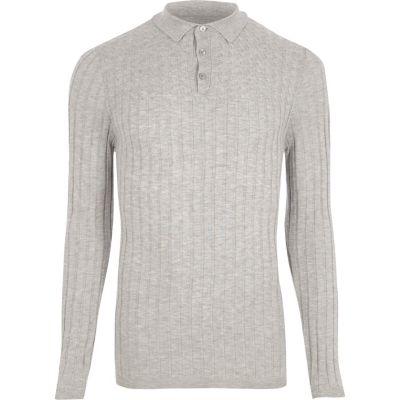 River Island Mens Ribbed Cable Knit Long Sleeve Polo Shirt
