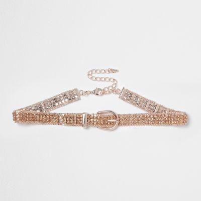 River Island Womens Rose Gold Tone Rhinestone Buckle Choker