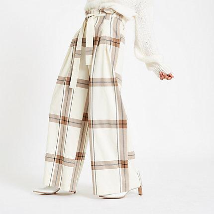 River Island Womens Check Paperbag Waist Wide Leg Trousers