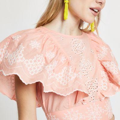 River Island Womens Petite Broidery Tie Back Crop Top