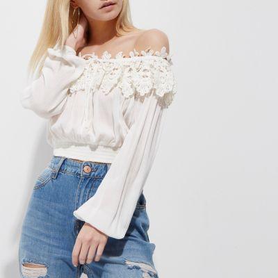 River Island Womens Petite White Bardot Crochet Long Sleeve Top