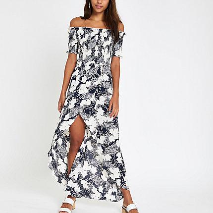 River Island Womens Floral Shirred Bardot Maxi Dress