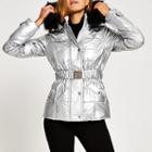 River Island Womens Silver Quilted Faux Fur Hood Fitted Jacket