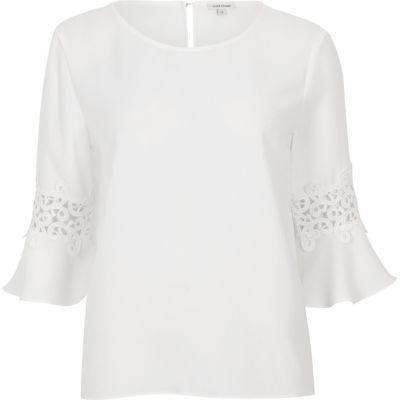 River Island Womens White Lace Insert Bell Sleeve Top