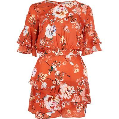River Island Womens Floral Frill Sleeve Romper