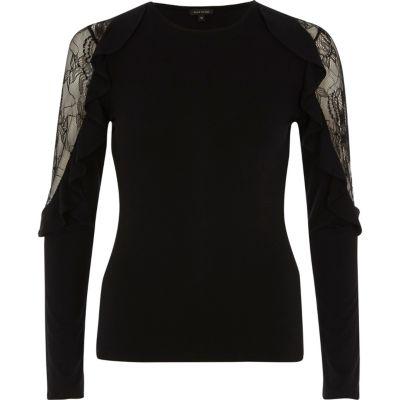 River Island Womens Lace Insert Frill Long Sleeve Top