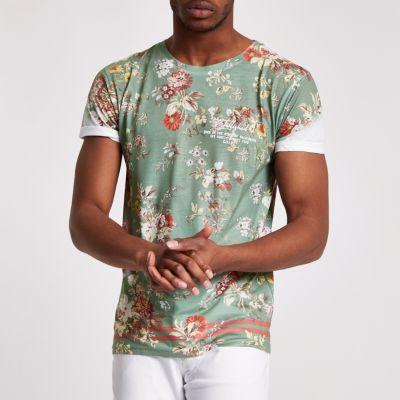 River Island Mens Khaki Floral Slim Fit T-shirt