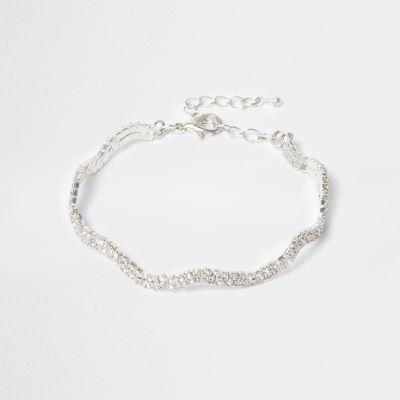 River Island Womens Silver Tone Wavy Rhinestone Encrusted Bracelet