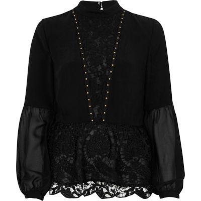 River Island Womens Lace Hem Studded Long Sleeve Top