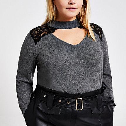 River Island Womens Plus Lace Choker Neck Knitted Jumper