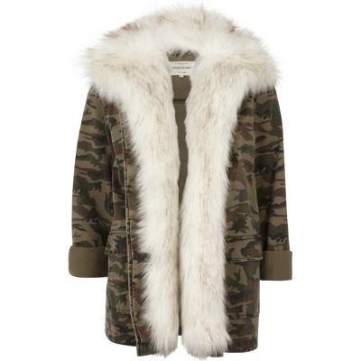 River Island Womens Camo Print Faux Fur Lined Army Jacket