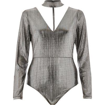 River Island Womens Silver Metallic Choker Plunge Bodysuit