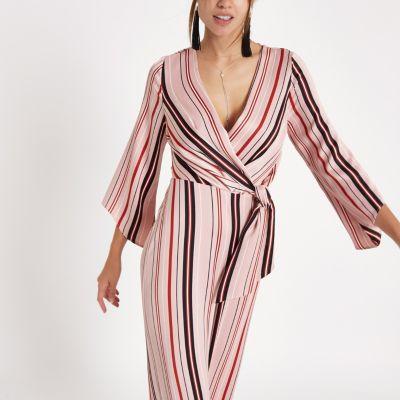 River Island Womens Pnk Stripe Print Wrap Tailored Leg Jumpsuit