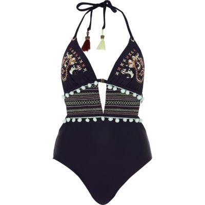 River Island Womens Shirred Sequin Plunge Swimsuit