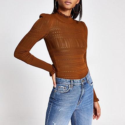 River Island Womens Long Puff Sleeve Frill High Neck Top