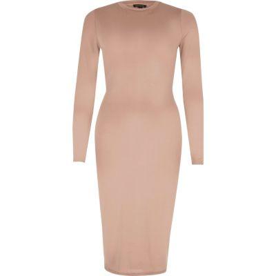 River Island Womens Nude Long Sleeve Bodycon Midi Dress