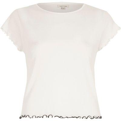 River Island Womens White Lettuce Edge Fitted T-shirt