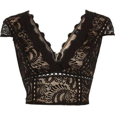 River Island Womens Lace Cap Sleeve V Neck Crop Top