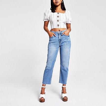 River Island Womens Petite Frayed Hem Straight Jeans
