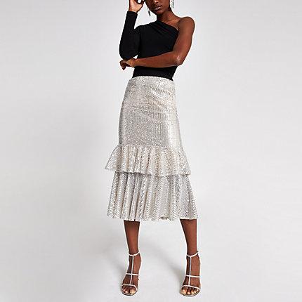 River Island Womens Silver Sequin Frill Midi Skirt