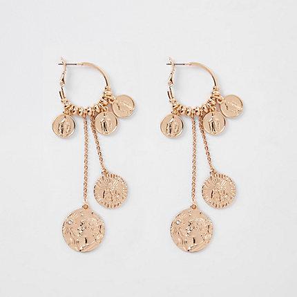 River Island Womens Gold Tone Coin Cluster Hoop Drop Earrings