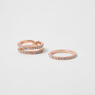 River Island Womens Rose Gold Tone Rhinestone Ring Pack