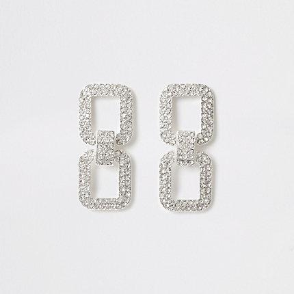 River Island Womens Silver Colour Diamante Rectangle Drop Earring
