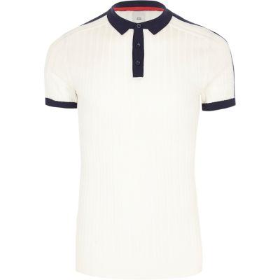 River Island Mens White Rib Knit Muscle Fit Block Polo Shirt