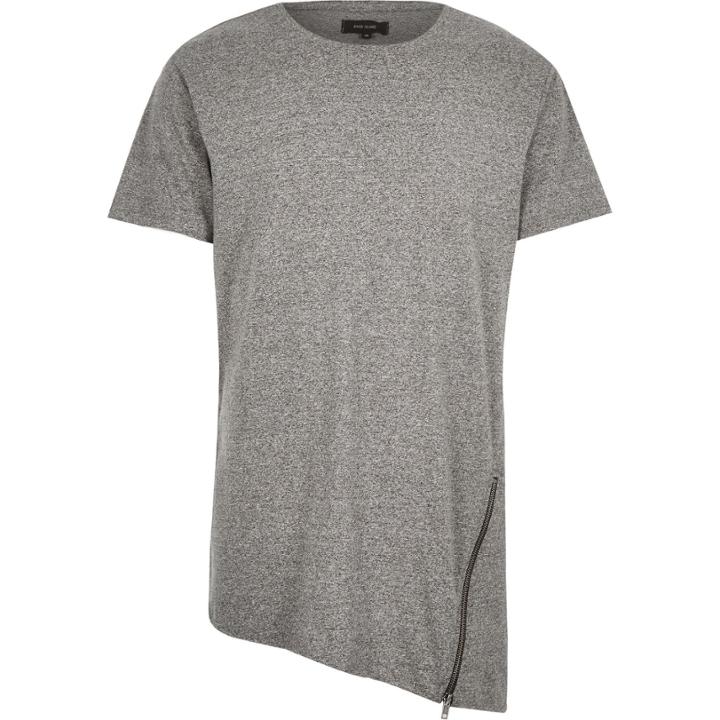 River Island Mensgrey Asymmetric Zip Hem T-shirt