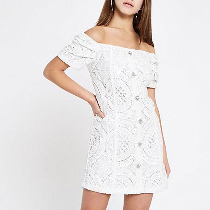 River Island Womens Petite White Broiderie Bardot Dress