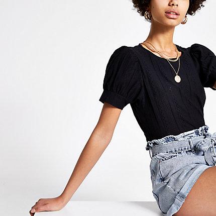 River Island Womens Broderie Puff Sleeve Top