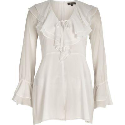 River Island Womens White Dobby Ruffle Front Bell Sleeve Playsuit