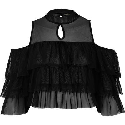 River Island Womens Mesh Frill Cold Shoulder Crop Top