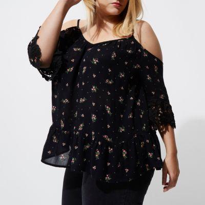 River Island Womens Plus Floral Cold Shoulder Crochet Top