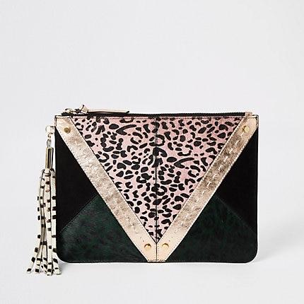 River Island Womens Animal Print Leather Panel Clutch Bag