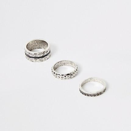 River Island Mens Silver Colour Textured Ring 3 Pack