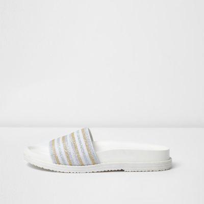 River Island Womens White Metallic Stripe Sliders