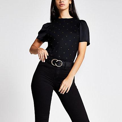 River Island Womens Short Puff Sleeve Embellished T-shirt