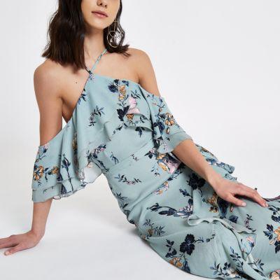 River Island Womens Floral Frill Cold Shoulder Maxi Dress