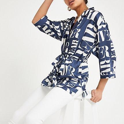 River Island Womens Ri Print Tie Waist Shirt