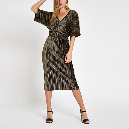 River Island Womens Velvet Plisse Bodycon Midi Dress