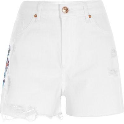 River Island Womens White Dragon High Waisted Denim Shorts
