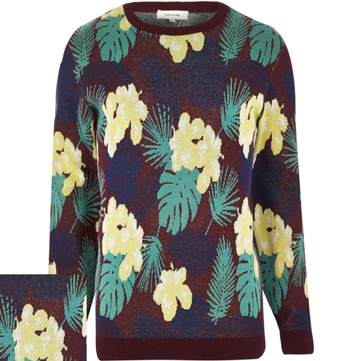 River Island Mensred Hawaiian Floral Print Sweater