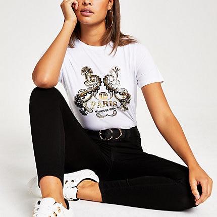 River Island Womens White Foil Printed Short Sleeve T-shirt
