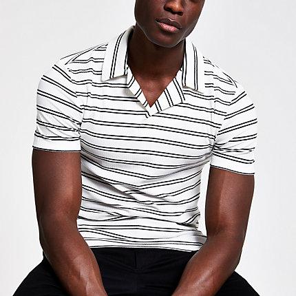 River Island Mens White Stripe Slim Fit Open Collar Polo Shirt