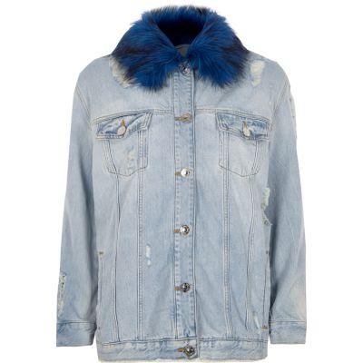 River Island Womens Faux Fur Collar Oversized Denim Jacket